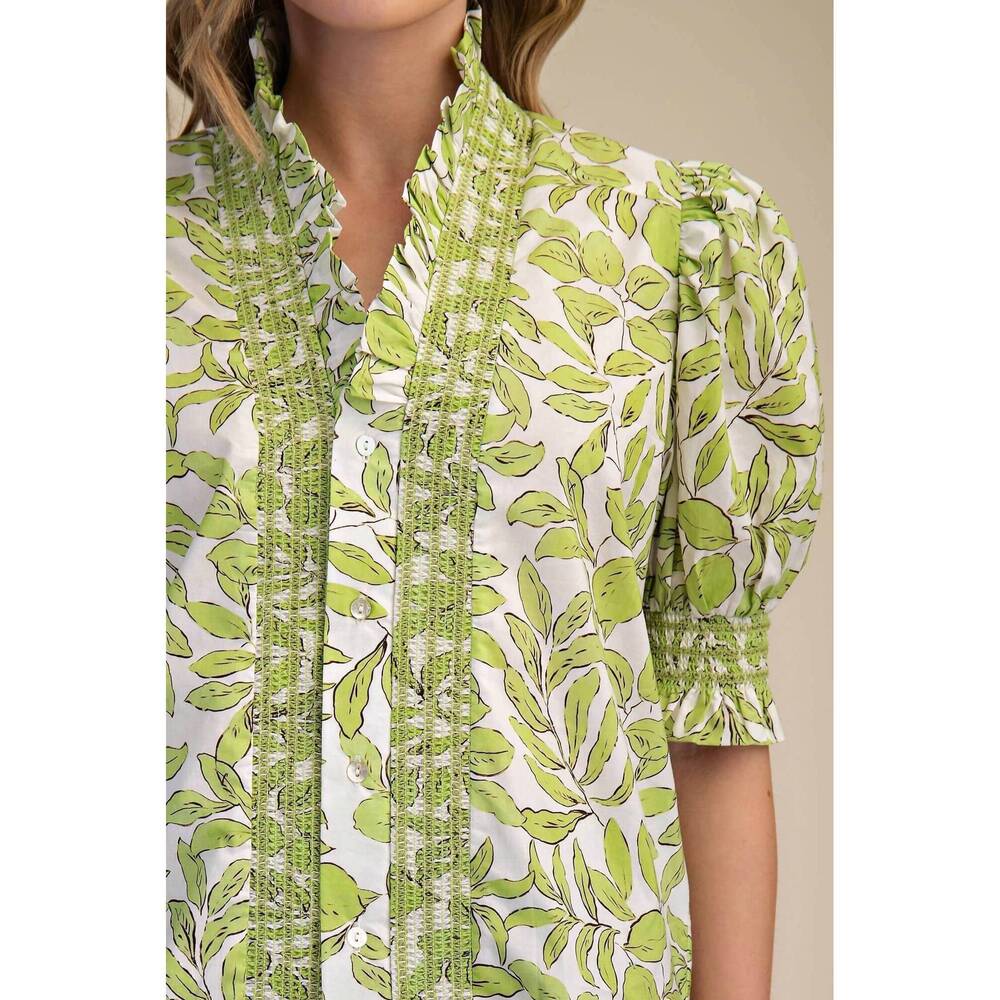NEW GLAM ruffle v-neck smocked puff sleeve blouse in olive - Picture 2 of 5